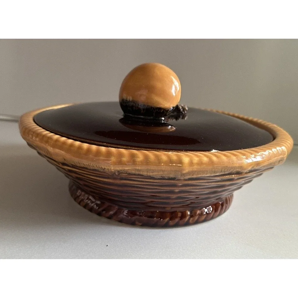Tellurite Belgium Majolica Lidded Casserole Dish Mushrooms 1930's Vintage Brown
